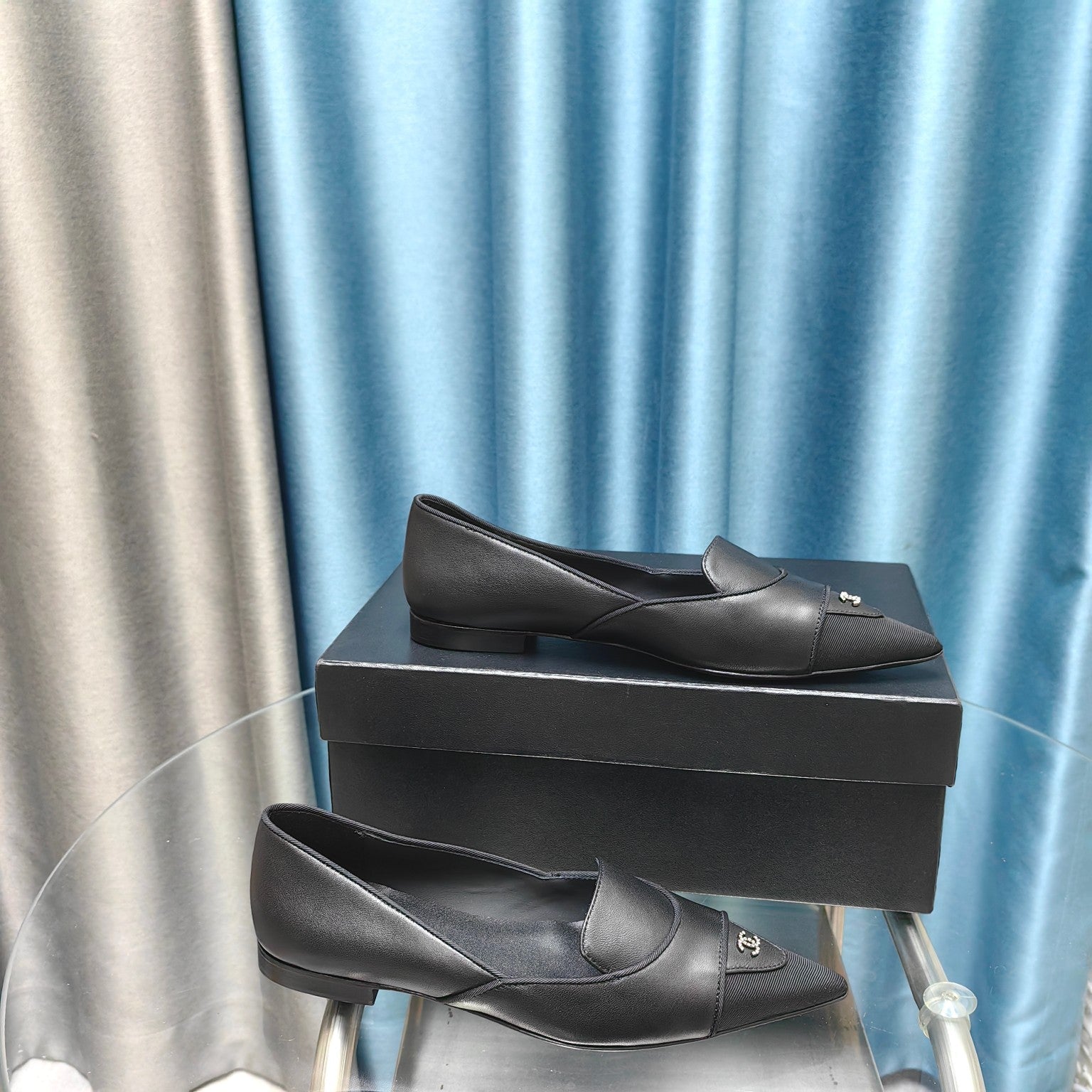 CHANEL BALLET FLAT BLACK SHEEPSKIN POINTED TOE