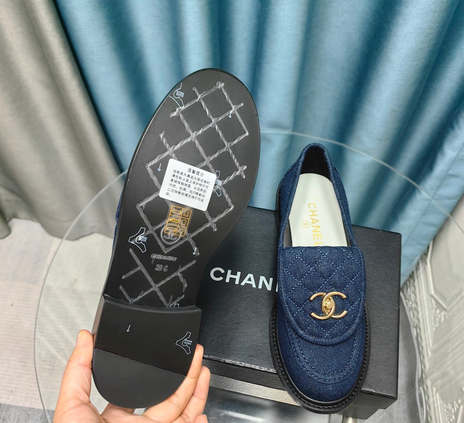 CHANEL MOASINS NAVY BLUE QUILTED LAMBSKIN