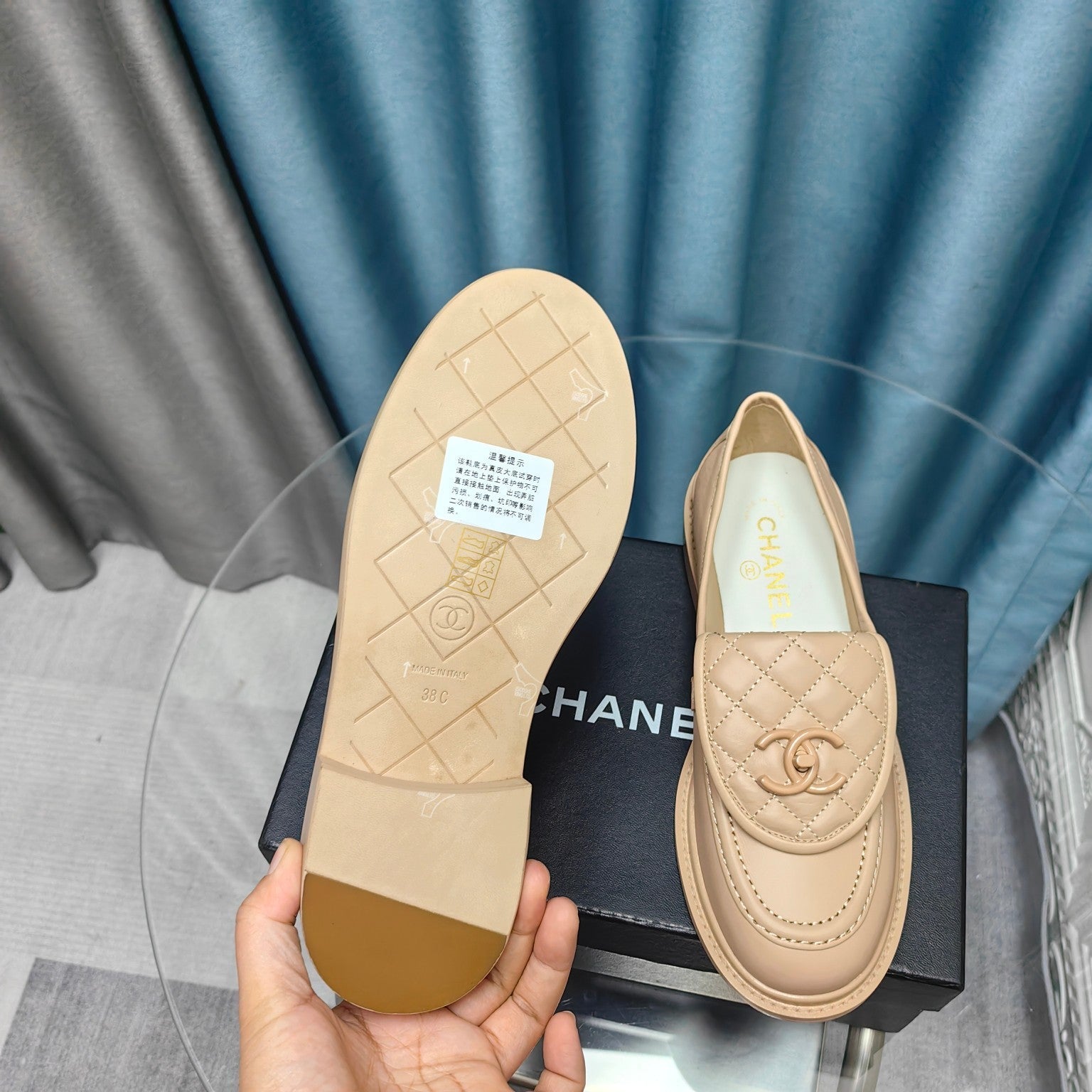 CHANEL MOASINS BEIGE QUILTED LAMBSKIN