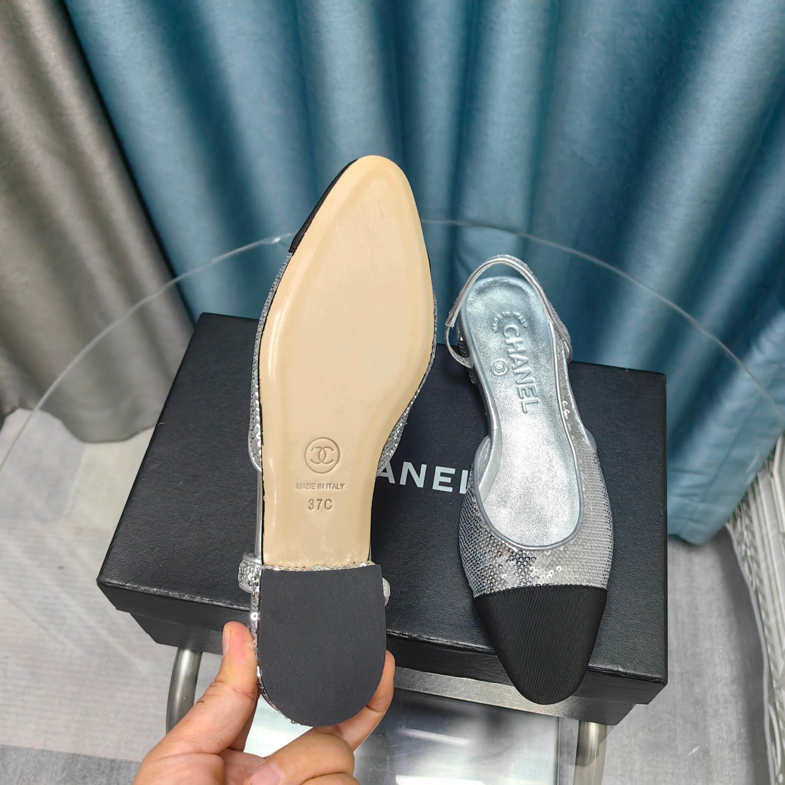 CHANEL SLINGBACKS IN GLITTER SILVER LAMBSKIN