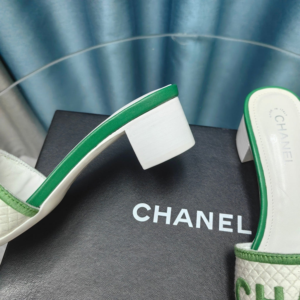 CHANEL MULE SANDAL 45 WHITE MIX LIGHT GREEN FABRIC EMBROIDERY