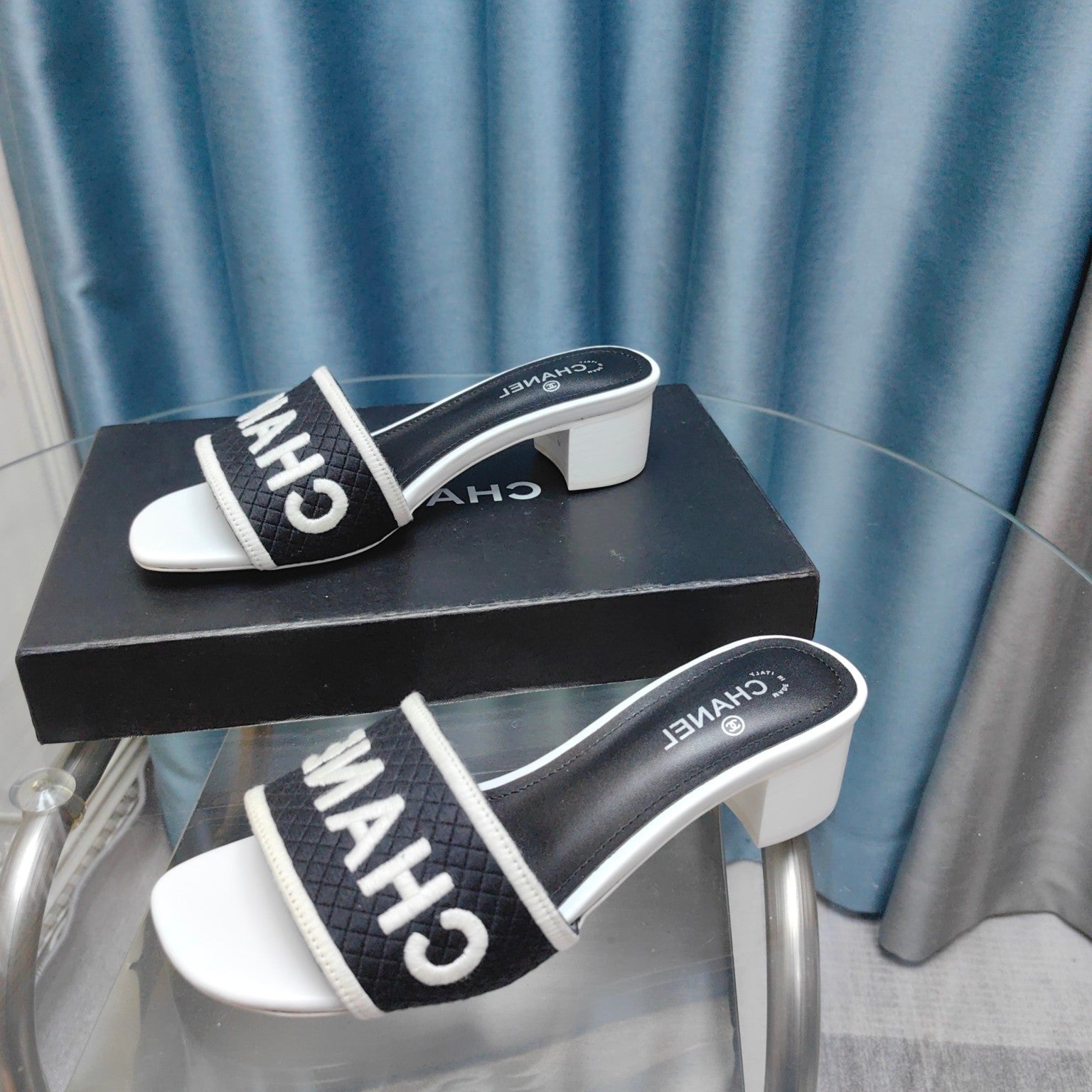 CHANEL MULE SANDAL 45 WHITE BLACK FABRIC EMBROIDERY