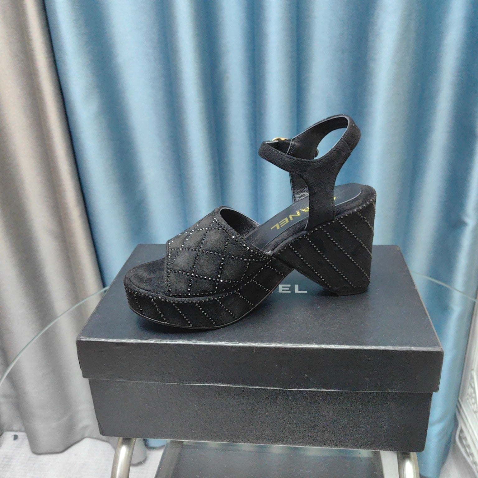CHANEL THICK-SOLED WEDGE SANDALS IN BLACK SUEDE