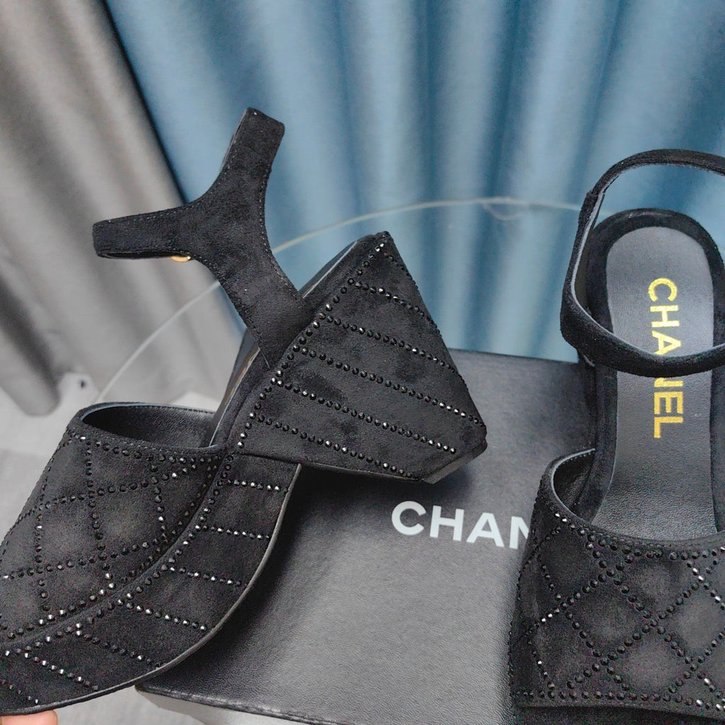 CHANEL THICK-SOLED WEDGE SANDALS IN BLACK SUEDE
