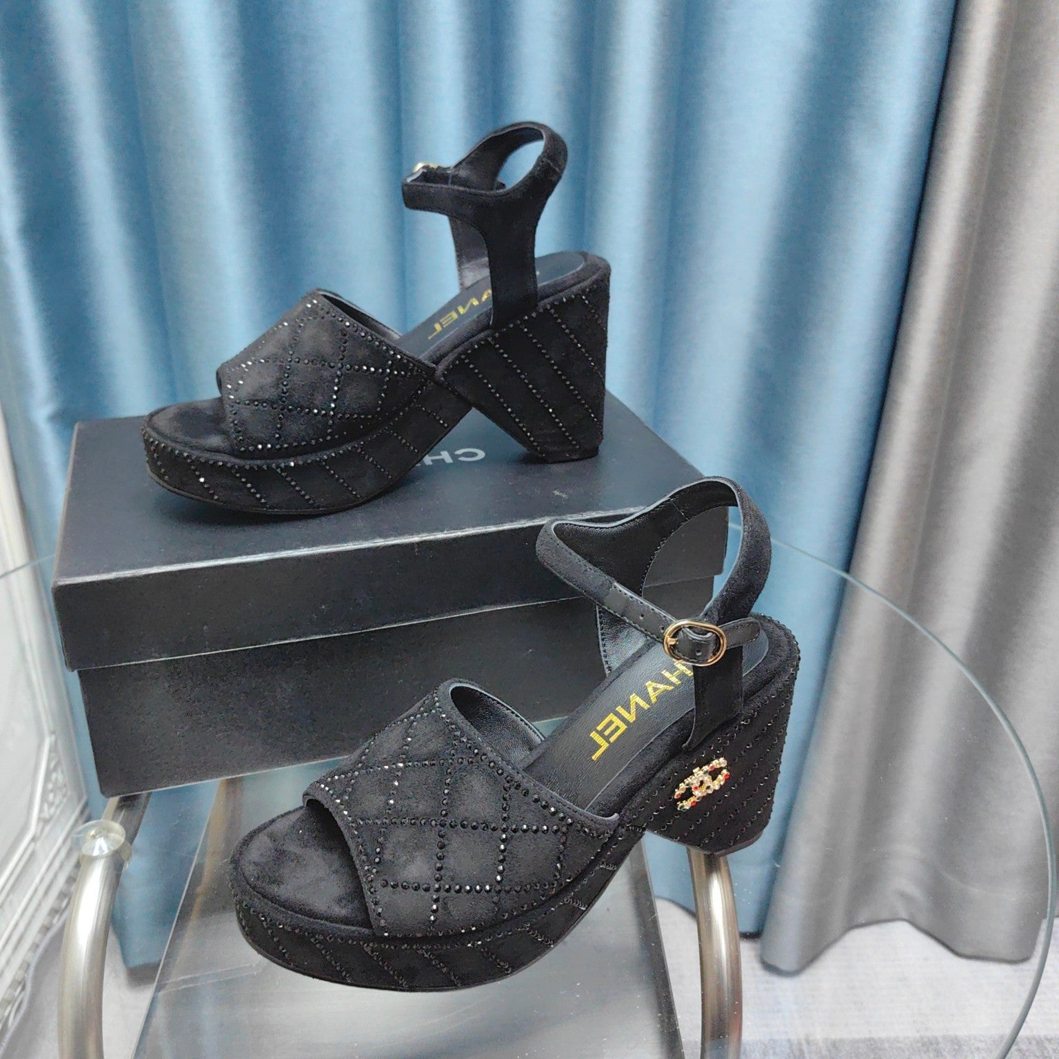 CHANEL THICK-SOLED WEDGE SANDALS IN BLACK SUEDE