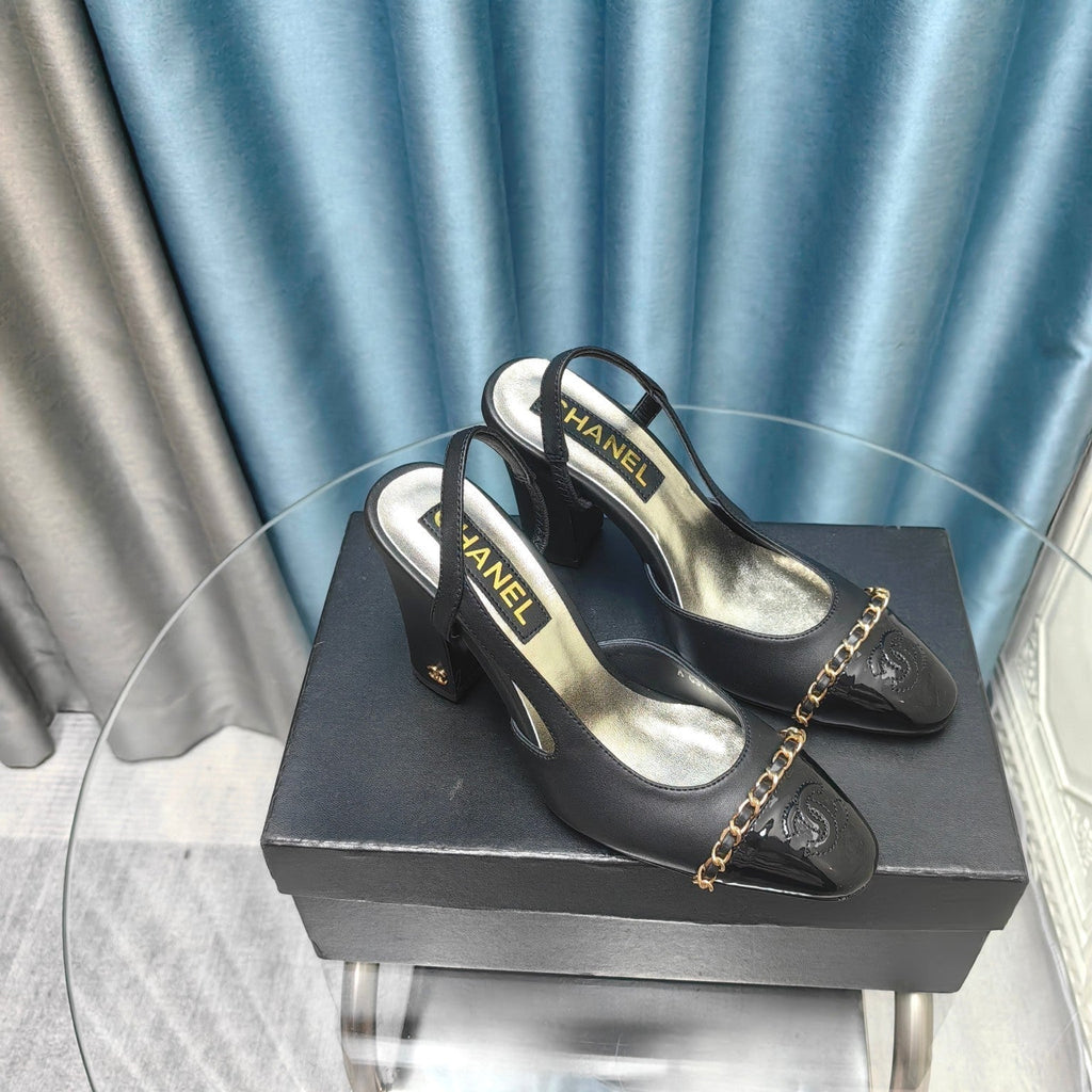 CHANEL HIGH SLINGBACKS IN BLACK LAMBSKIN