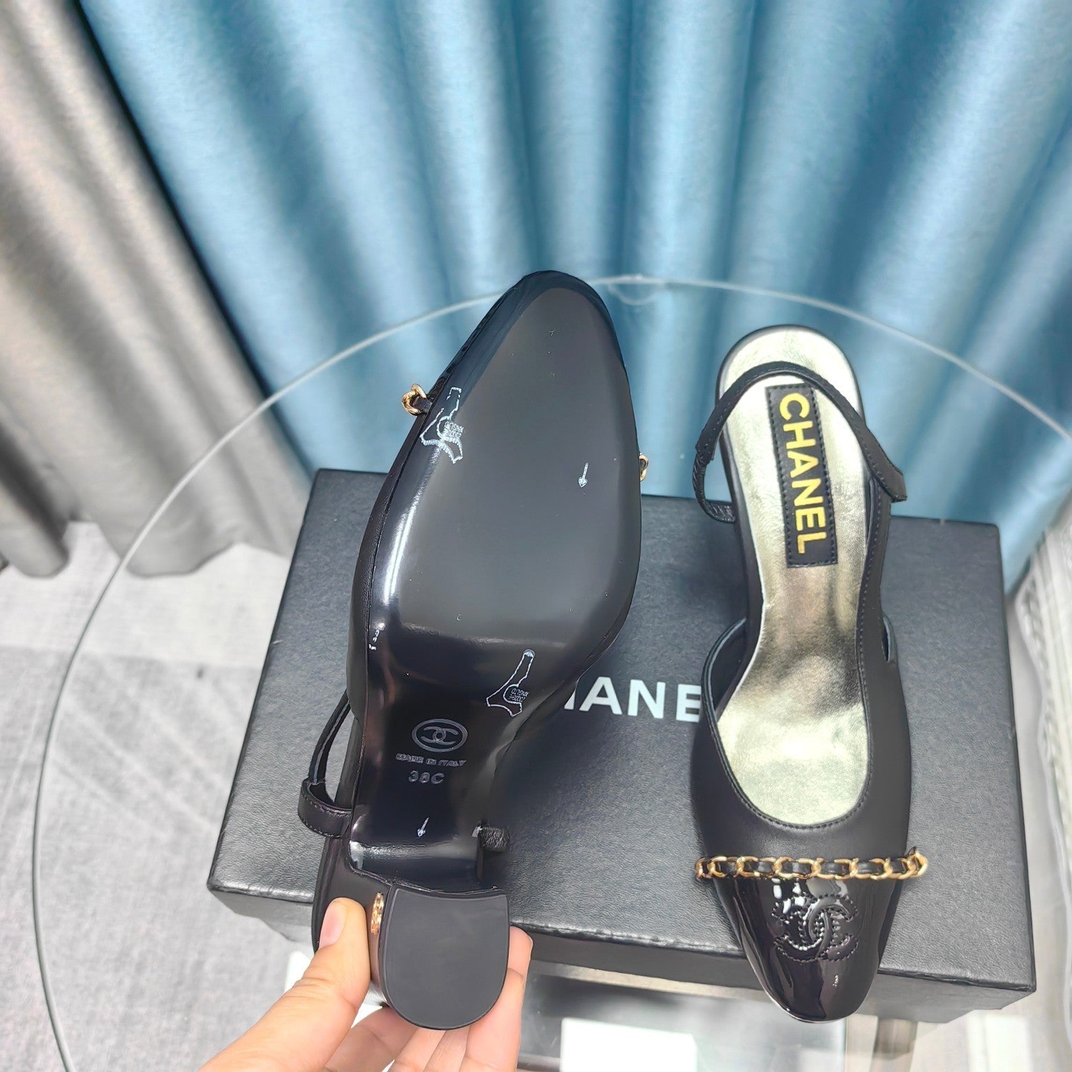 CHANEL HIGH SLINGBACKS IN BLACK LAMBSKIN