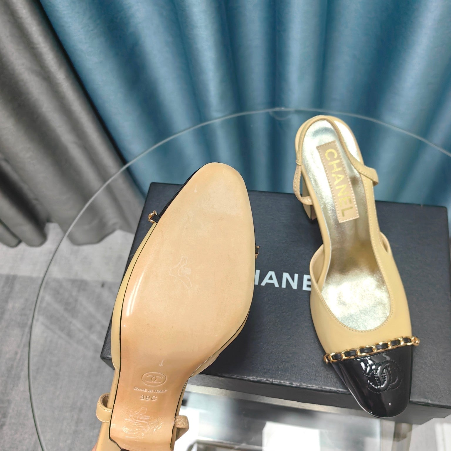 CHANEL HIGH SLINGBACKS IN DARK CREAM MIX BLACK LAMBSKIN