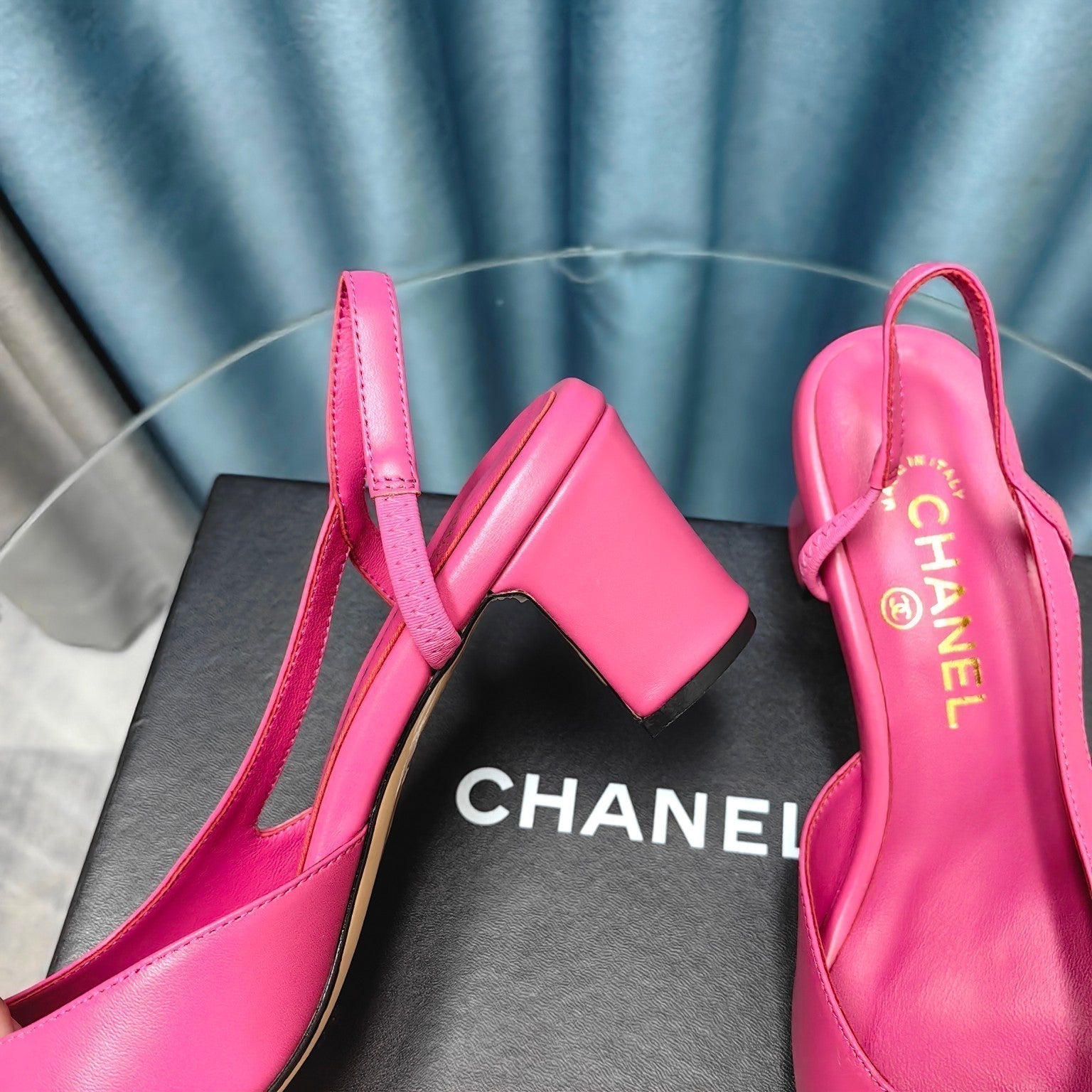 CHANEL HIGH SLINGBACKS IN BARBIE PINK MIX BLACK LAMBSKIN