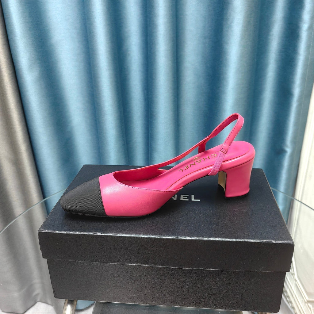 CHANEL HIGH SLINGBACKS IN BARBIE PINK MIX BLACK LAMBSKIN