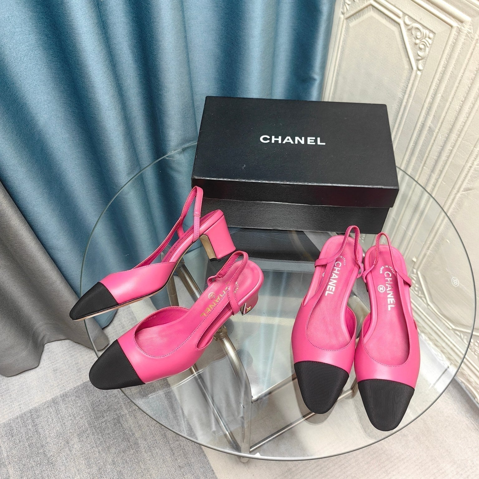 CHANEL HIGH SLINGBACKS IN BARBIE PINK MIX BLACK LAMBSKIN