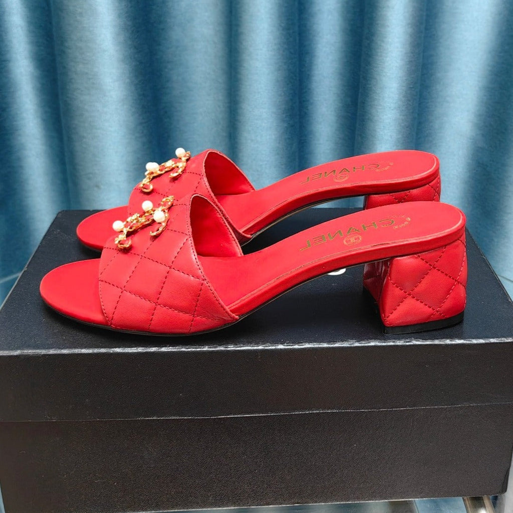 CHANEL MULE SLIDE SANDAL IN CHERRY RED LAMBSKIN