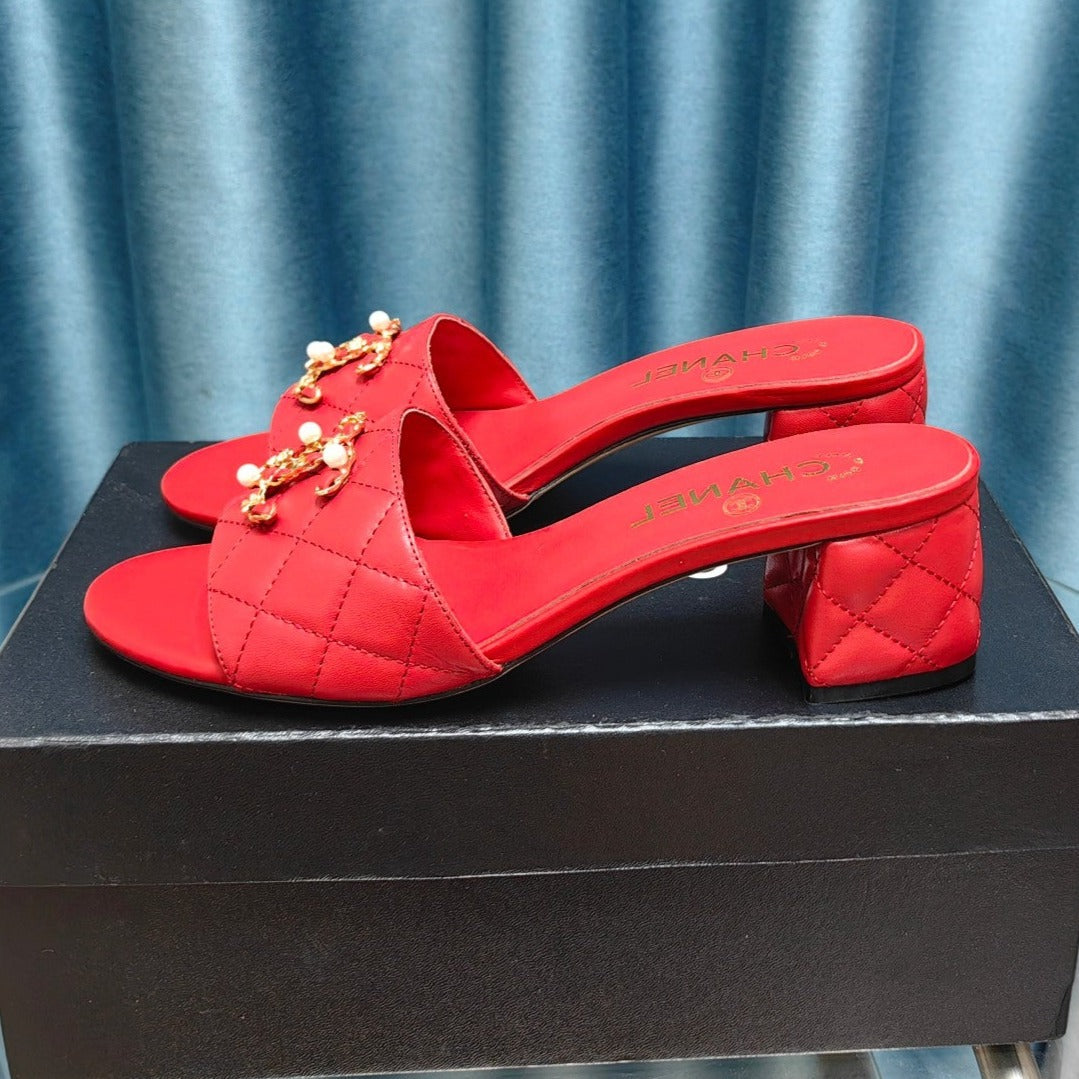 CHANEL MULE SLIDE SANDAL IN CHERRY RED LAMBSKIN
