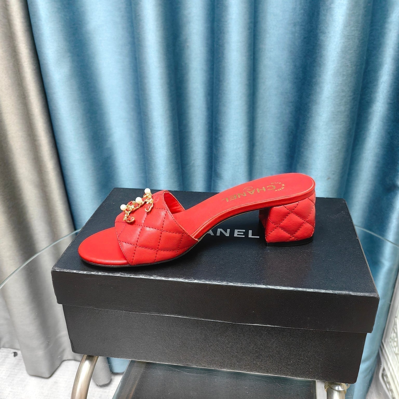 CHANEL MULE SLIDE SANDAL IN CHERRY RED LAMBSKIN