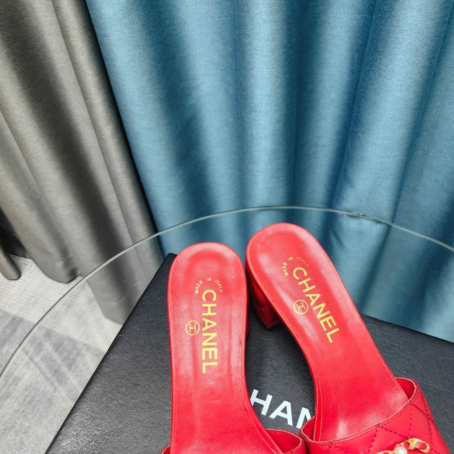 CHANEL MULE SLIDE SANDAL IN CHERRY RED LAMBSKIN