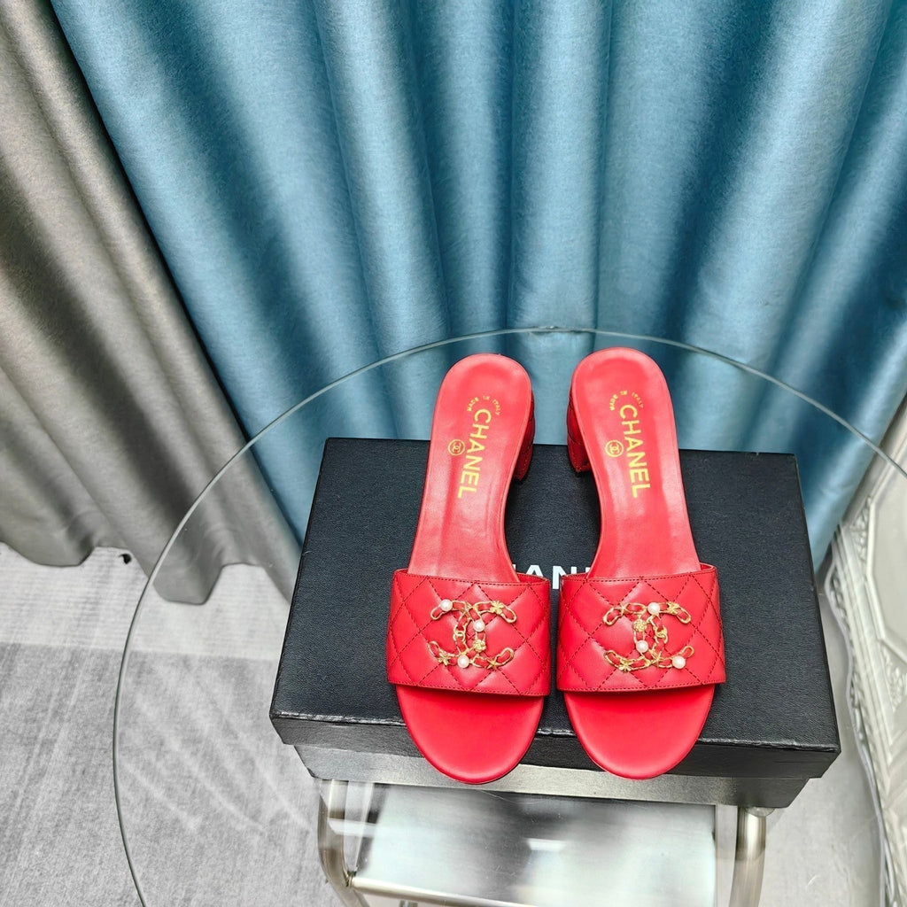 CHANEL MULE SLIDE SANDAL IN CHERRY RED LAMBSKIN
