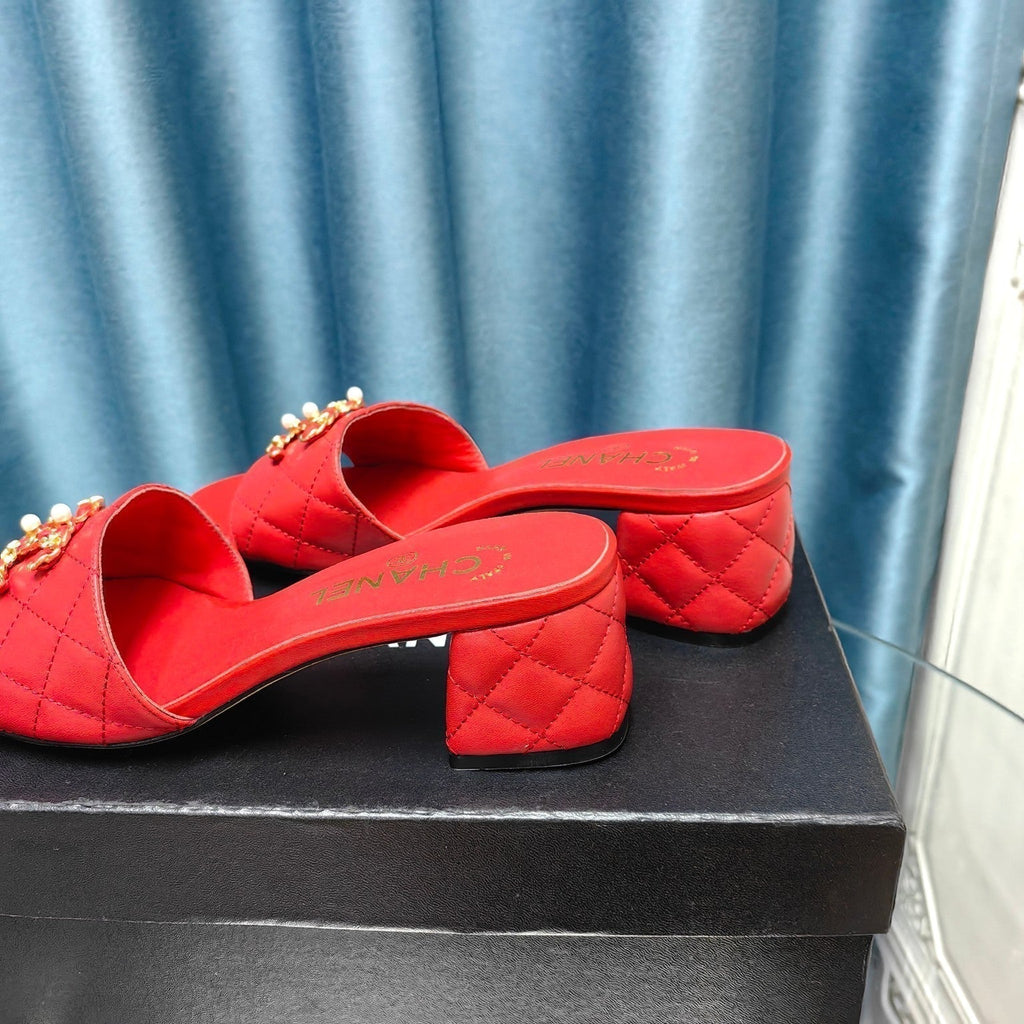CHANEL MULE SLIDE SANDAL IN CHERRY RED LAMBSKIN