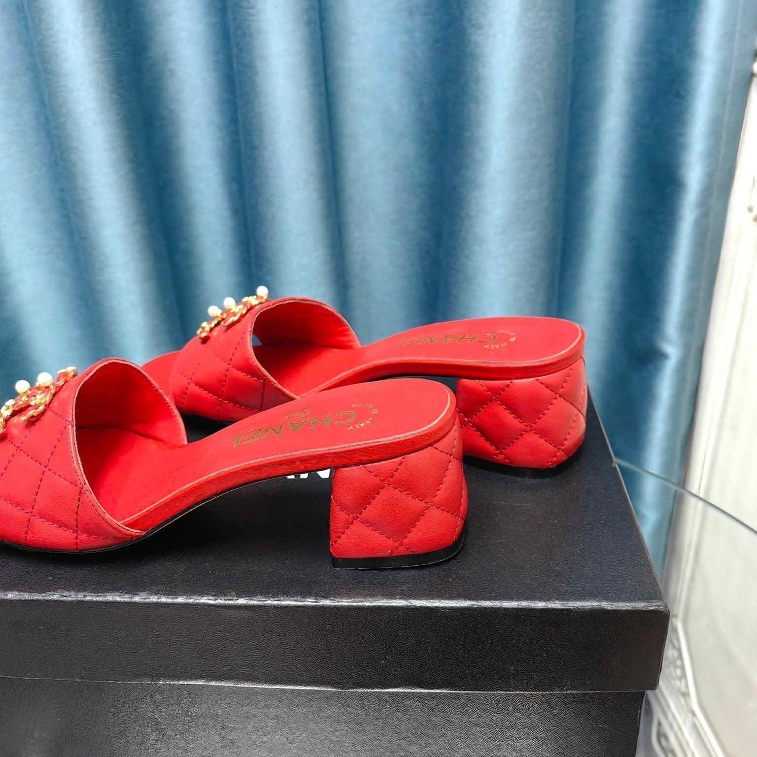 CHANEL MULE SLIDE SANDAL IN CHERRY RED LAMBSKIN