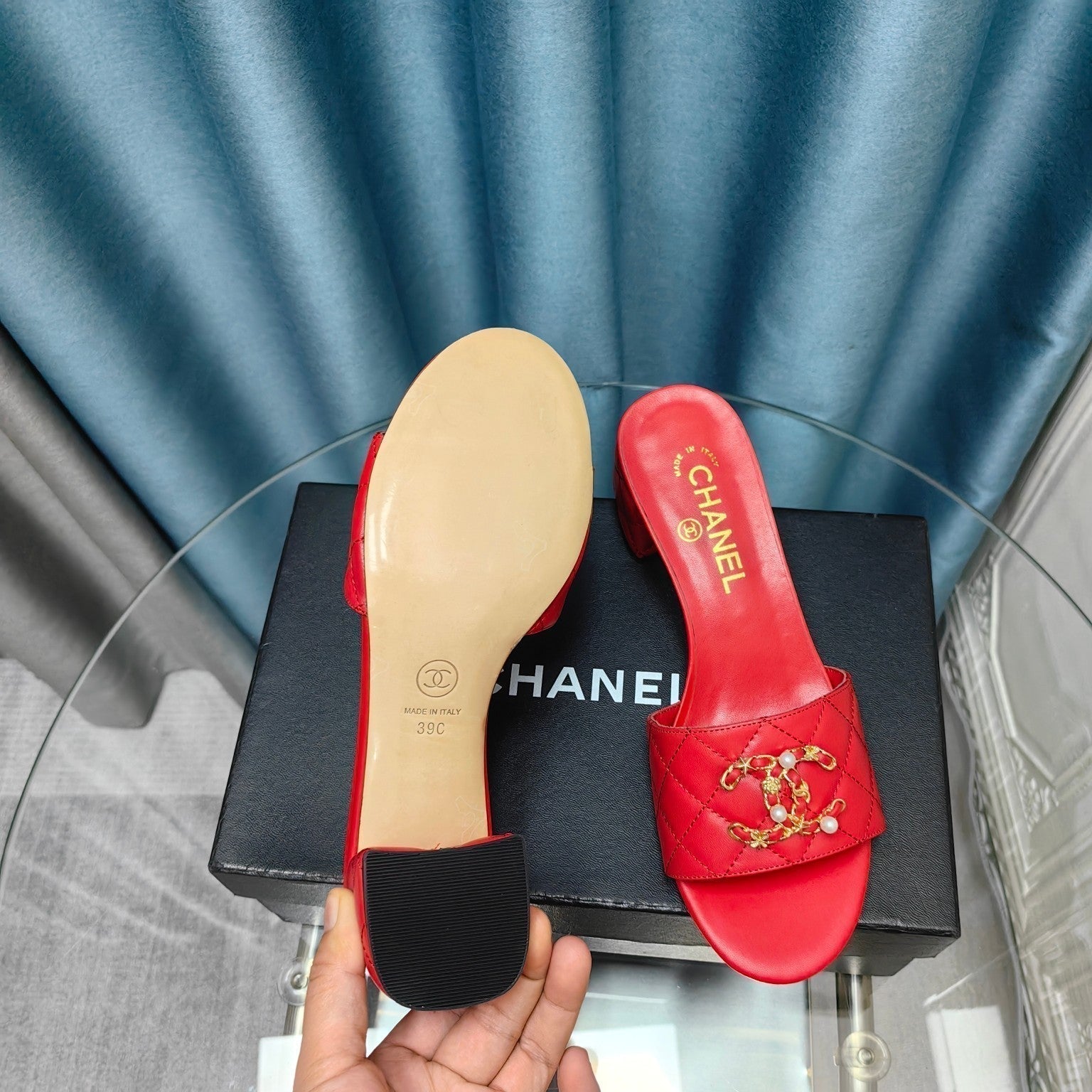 CHANEL MULE SLIDE SANDAL IN CHERRY RED LAMBSKIN
