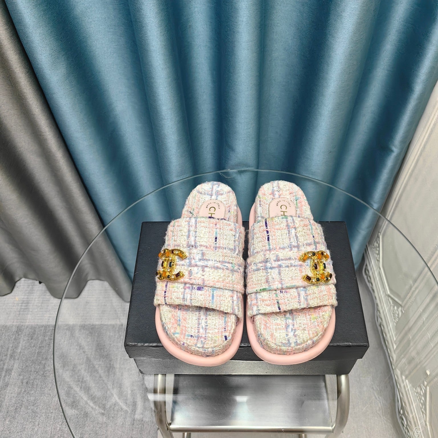 CHANEL PLATFORM HEELS SANDALS IN LIGHT PINK TWEED