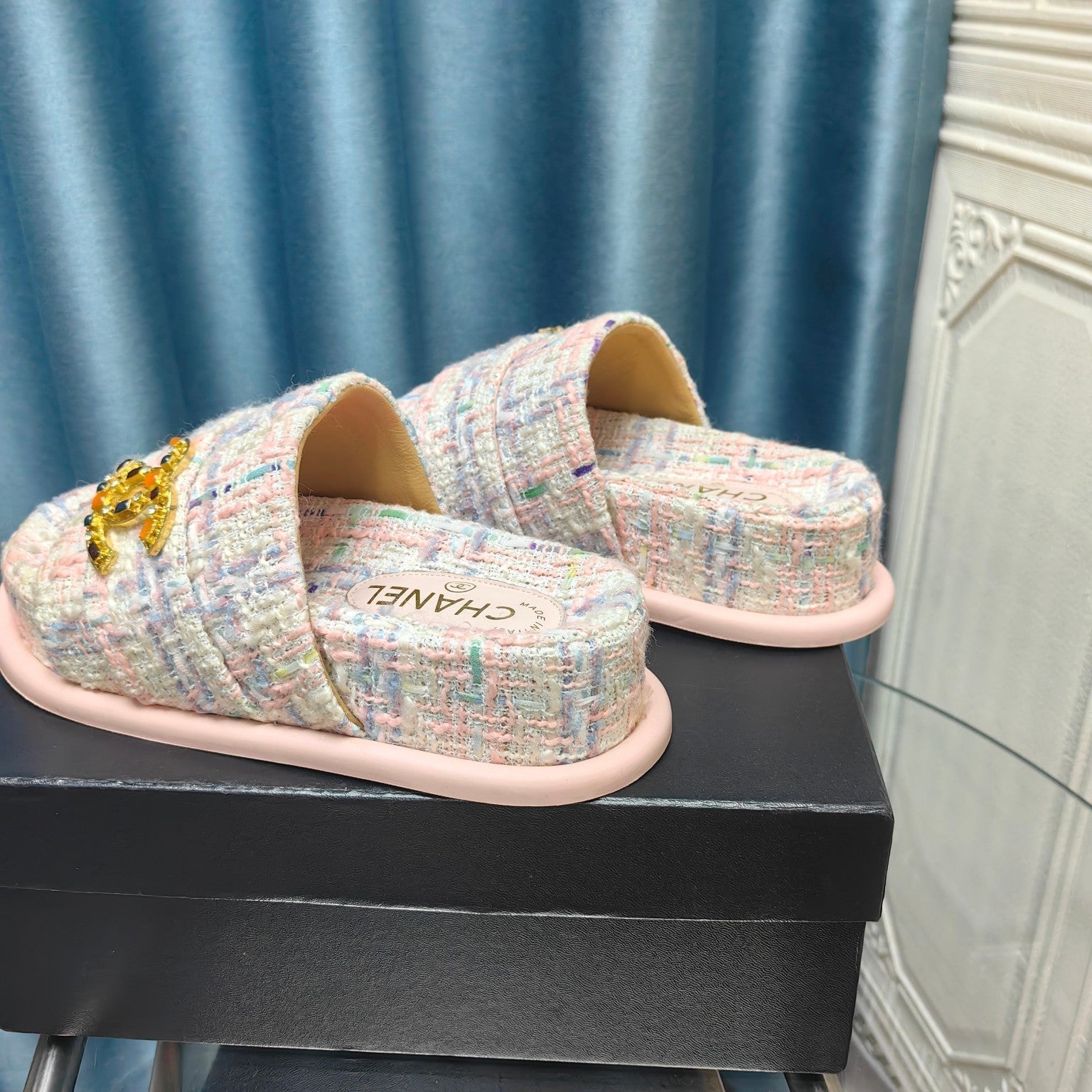 CHANEL PLATFORM HEELS SANDALS IN LIGHT PINK TWEED