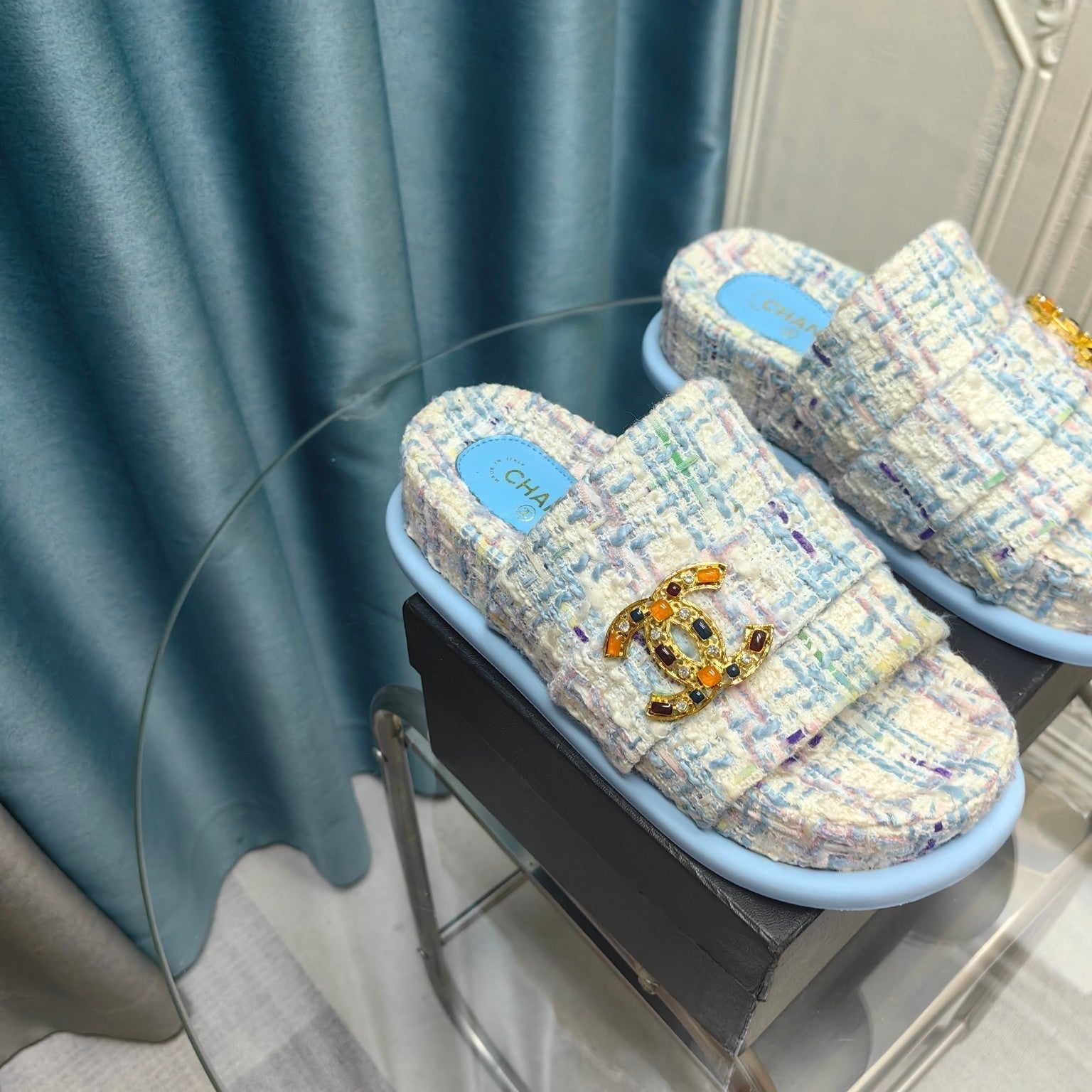 CHANEL PLATFORM HEELS SANDALS IN LIGHT BLUE TWEED