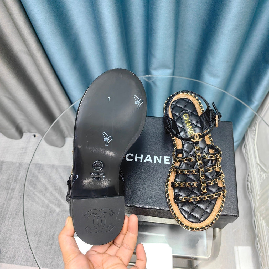 CHANEL HIGH SANDALS WITH THREE STRAPS IN BLACK CALFSKIN