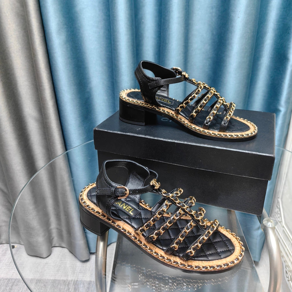 CHANEL HIGH SANDALS WITH THREE STRAPS IN BLACK CALFSKIN