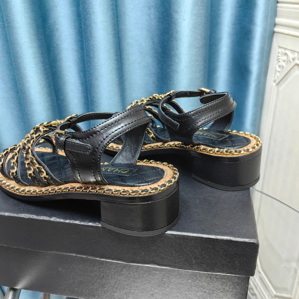 CHANEL HIGH SANDALS WITH THREE STRAPS IN BLACK CALFSKIN