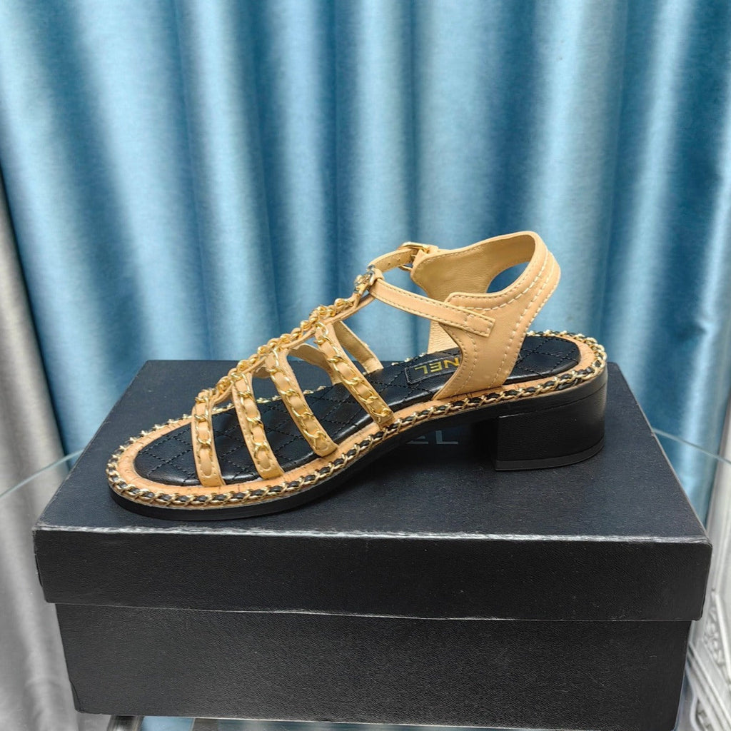 CHANEL HIGH SANDALS WITH THREE STRAPS IN DARK CREAM CALFSKIN