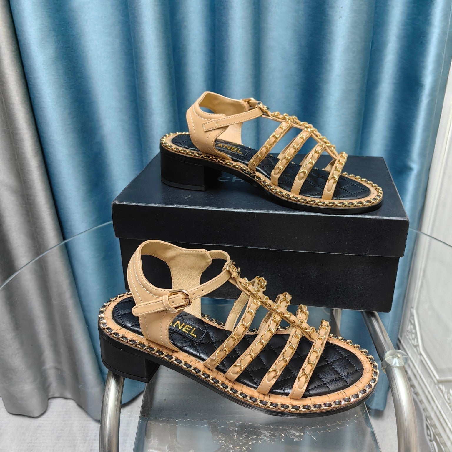 CHANEL HIGH SANDALS WITH THREE STRAPS IN DARK CREAM CALFSKIN