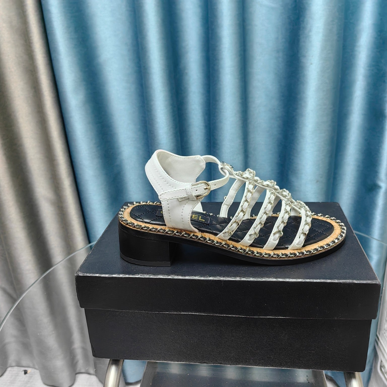 CHANEL HIGH SANDALS WITH THREE STRAPS IN WHITE CALFSKIN