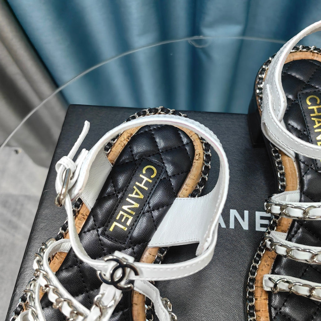 CHANEL HIGH SANDALS WITH THREE STRAPS IN WHITE CALFSKIN