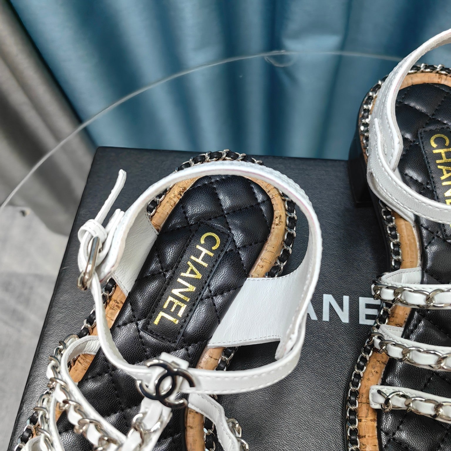 CHANEL HIGH SANDALS WITH THREE STRAPS IN WHITE CALFSKIN