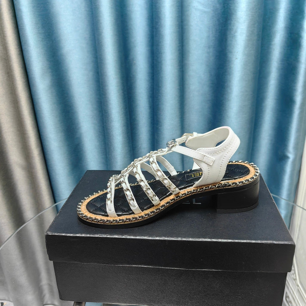 CHANEL HIGH SANDALS WITH THREE STRAPS IN WHITE CALFSKIN