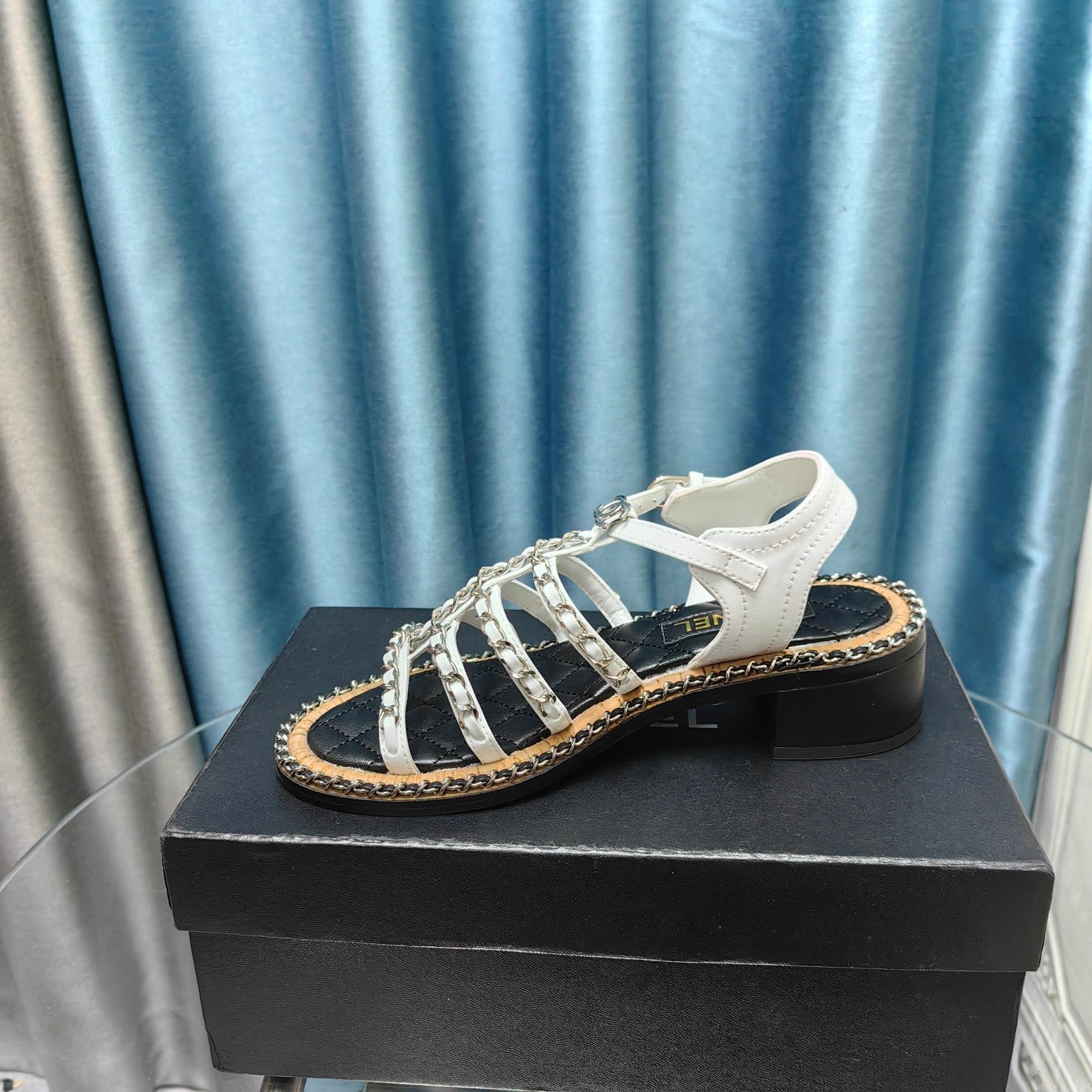 CHANEL HIGH SANDALS WITH THREE STRAPS IN WHITE CALFSKIN