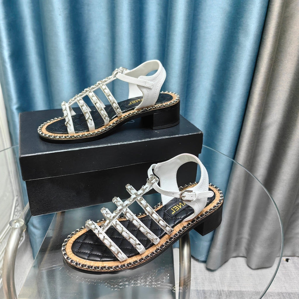 CHANEL HIGH SANDALS WITH THREE STRAPS IN WHITE CALFSKIN