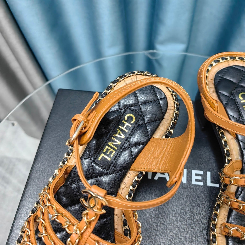 CHANEL HIGH SANDALS WITH THREE STRAPS IN OCHRE YELLOW CALFSKIN