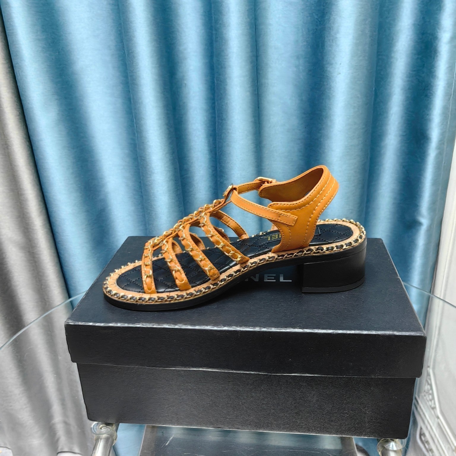 CHANEL HIGH SANDALS WITH THREE STRAPS IN OCHRE YELLOW CALFSKIN