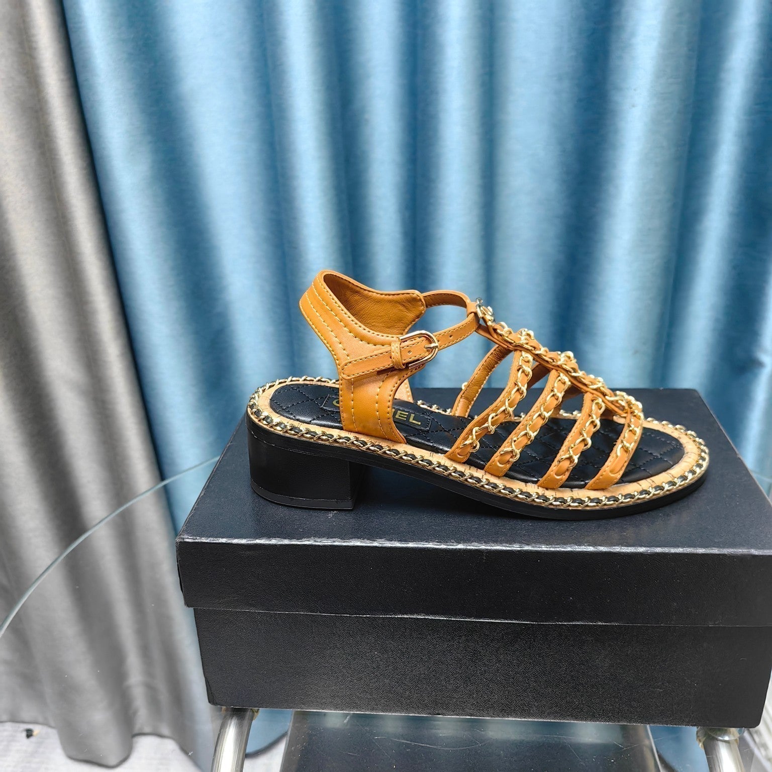 CHANEL HIGH SANDALS WITH THREE STRAPS IN OCHRE YELLOW CALFSKIN