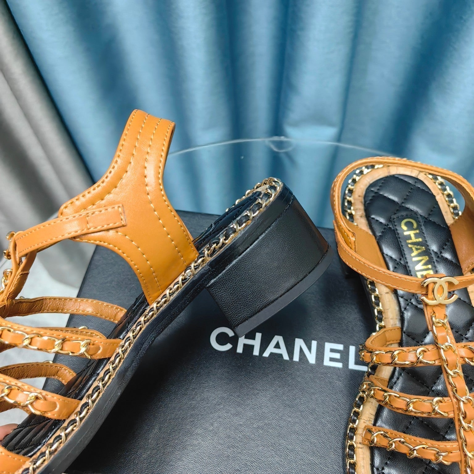 CHANEL HIGH SANDALS WITH THREE STRAPS IN OCHRE YELLOW CALFSKIN