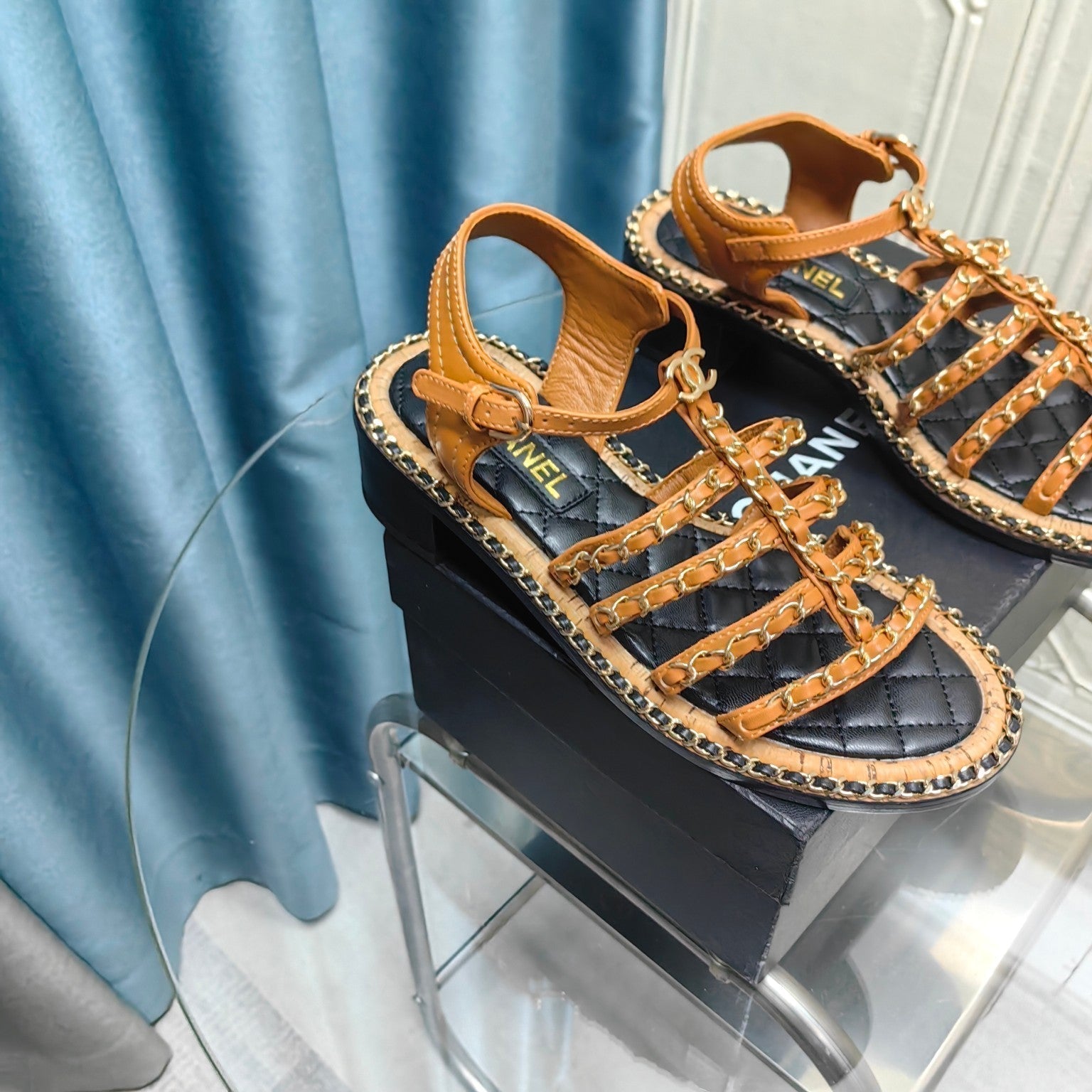 CHANEL HIGH SANDALS WITH THREE STRAPS IN OCHRE YELLOW CALFSKIN