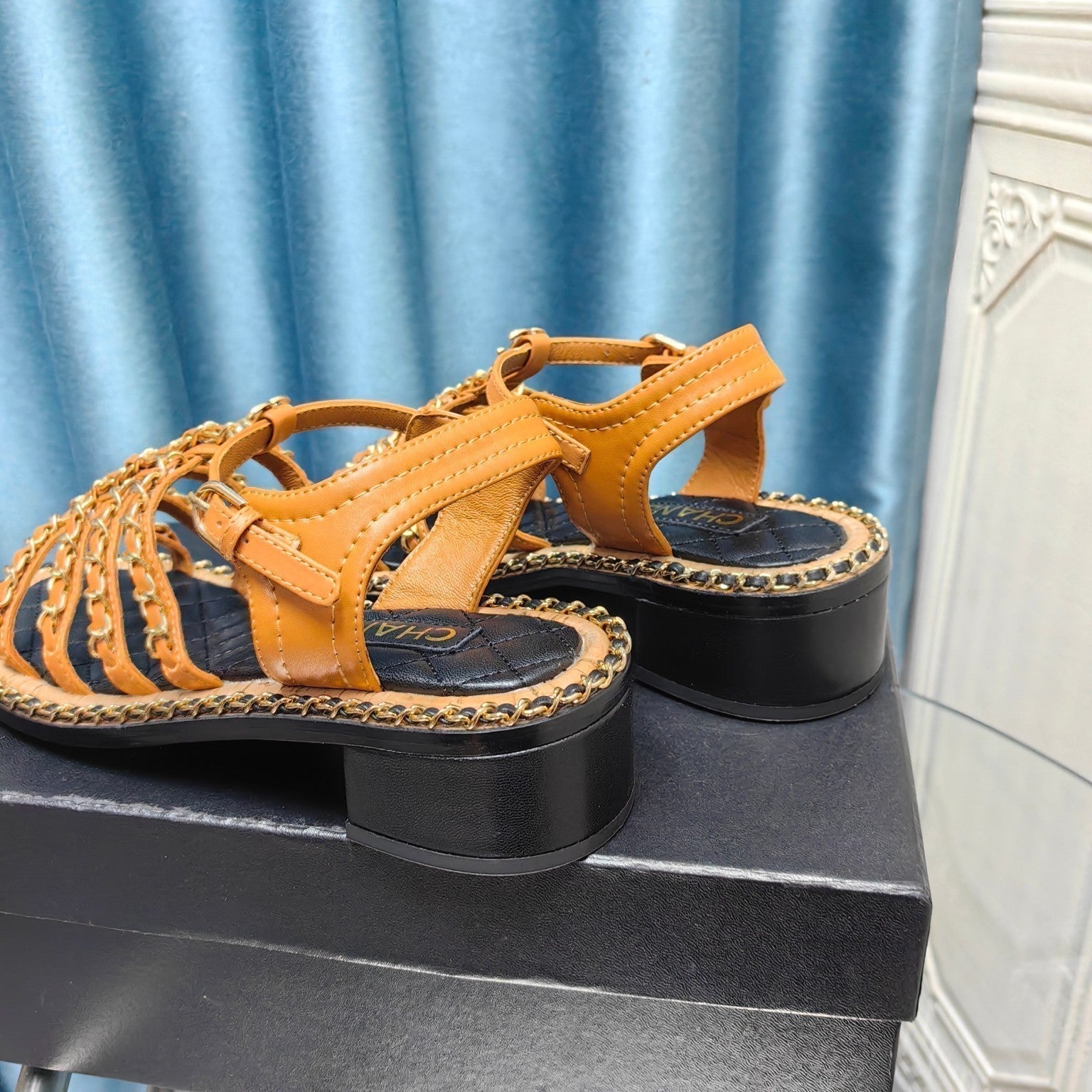 CHANEL HIGH SANDALS WITH THREE STRAPS IN OCHRE YELLOW CALFSKIN