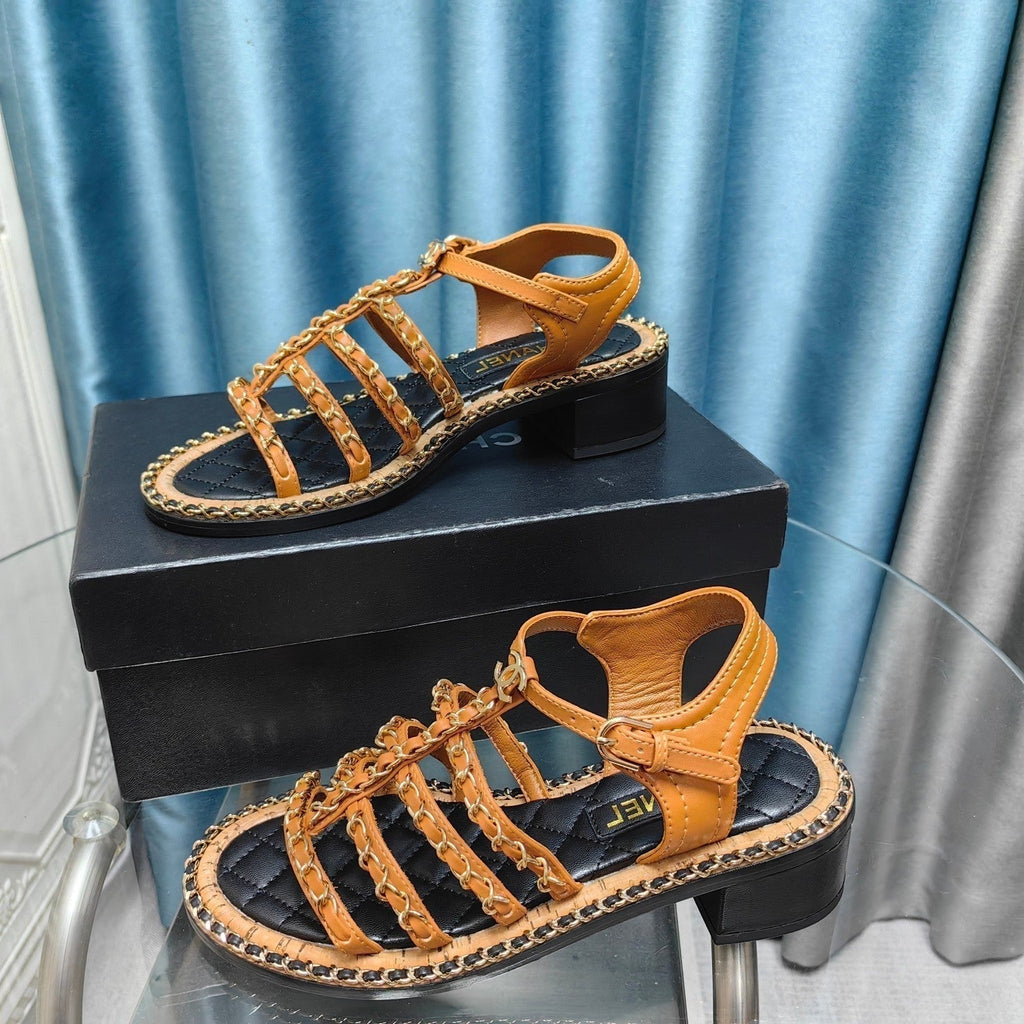 CHANEL HIGH SANDALS WITH THREE STRAPS IN OCHRE YELLOW CALFSKIN