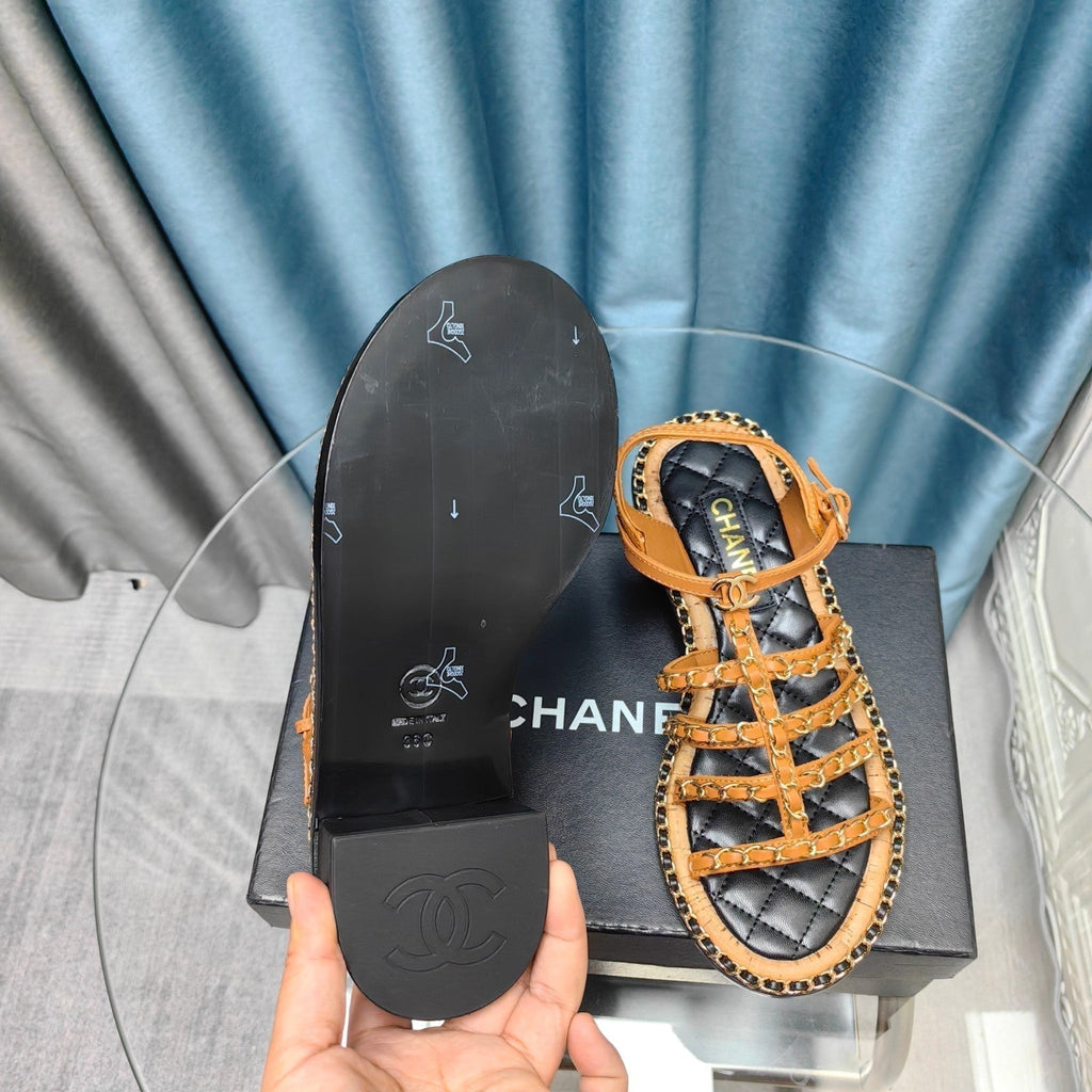 CHANEL HIGH SANDALS WITH THREE STRAPS IN OCHRE YELLOW CALFSKIN