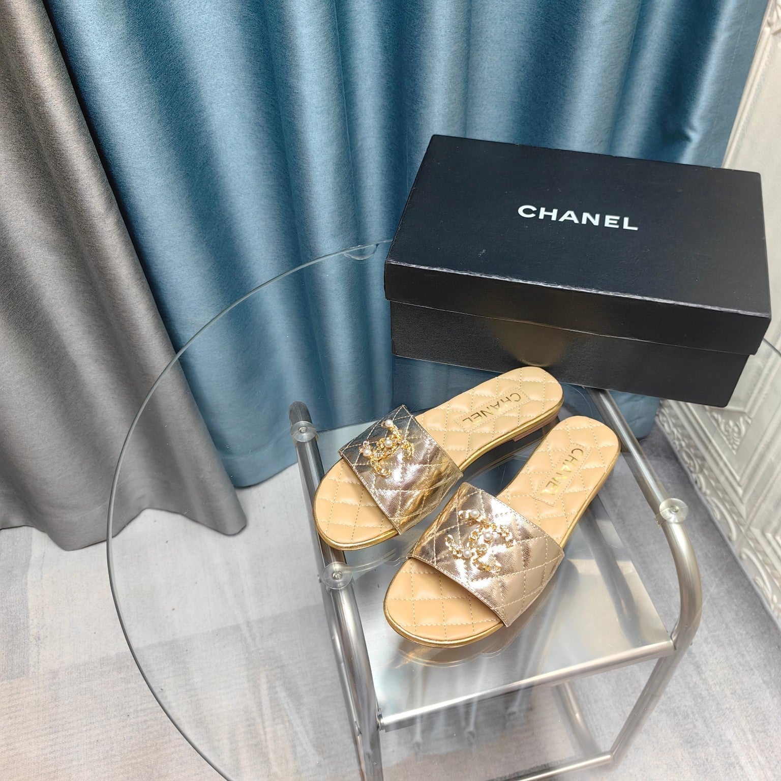 CHANEL QUILTED SLIPPERS SILVER MIX BEIGE CREAM SHEEPSKIN
