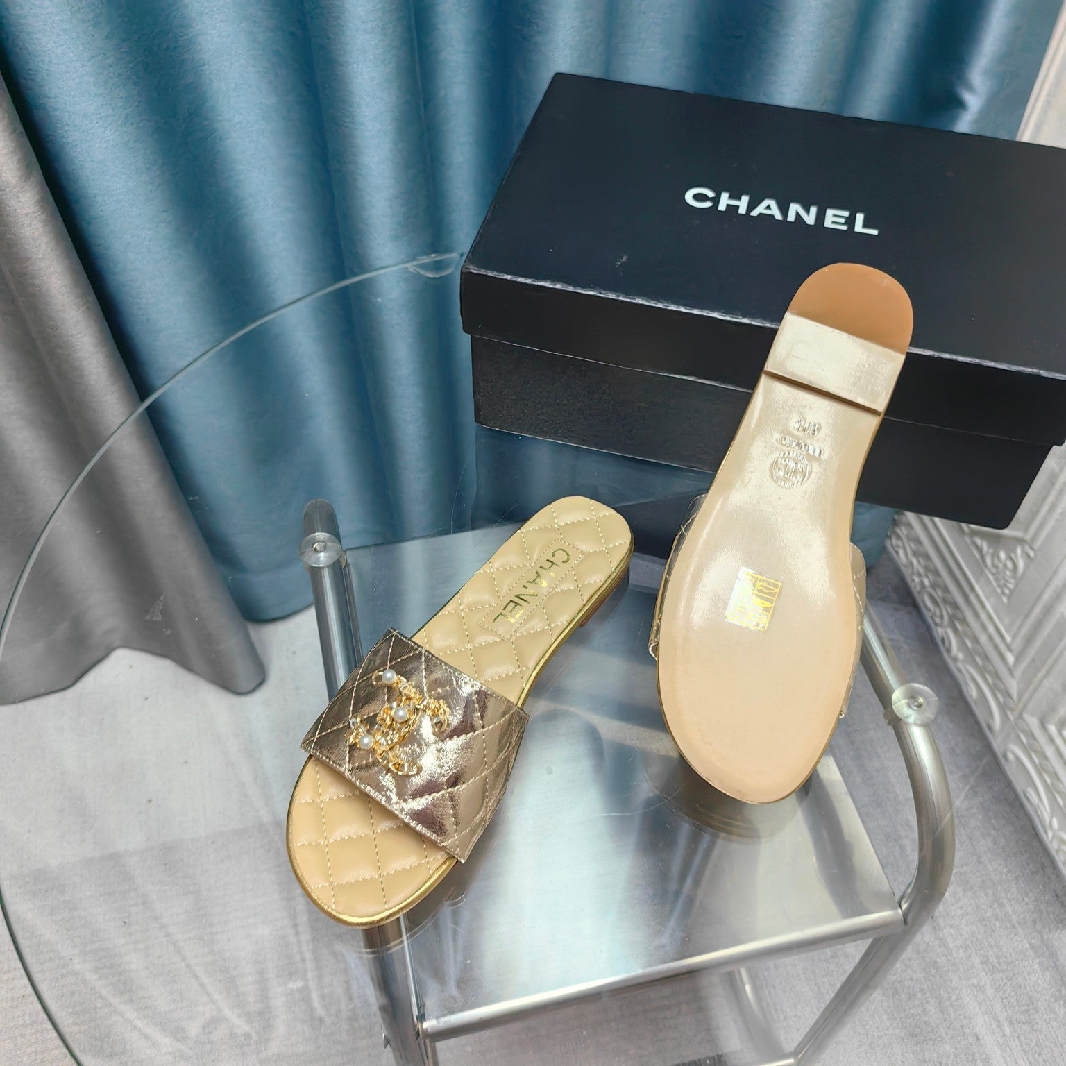 CHANEL QUILTED SLIPPERS SILVER MIX BEIGE CREAM SHEEPSKIN
