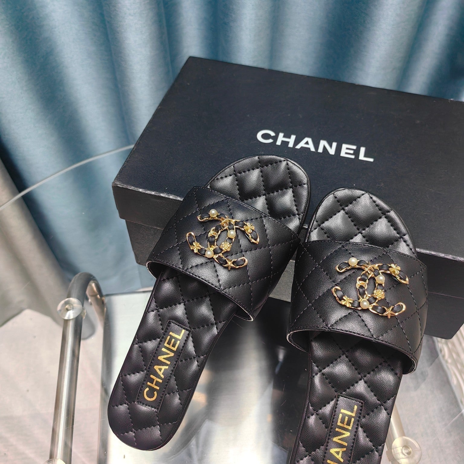CHANEL QUILTED SLIPPERS BLACK SHEEPSKIN