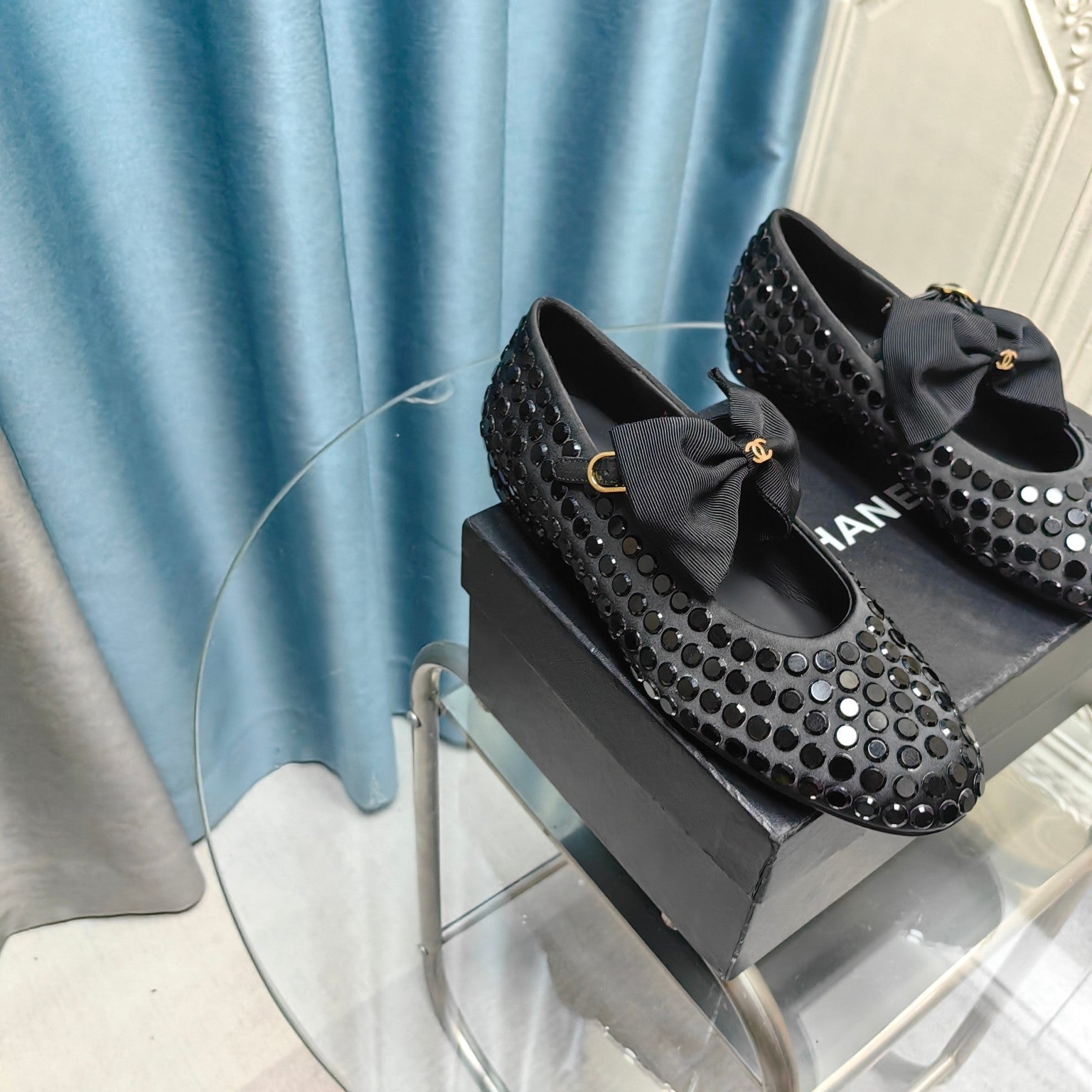 CHANEL MARY JANE BOW RHINESTONE BLACK SILK