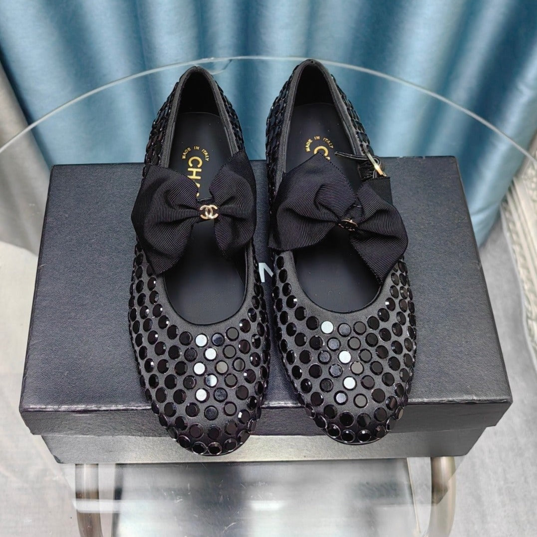 CHANEL MARY JANE BOW RHINESTONE BLACK SILK